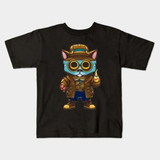 Steampunk Cat in Goggles and Jacket Kids T-Shirt